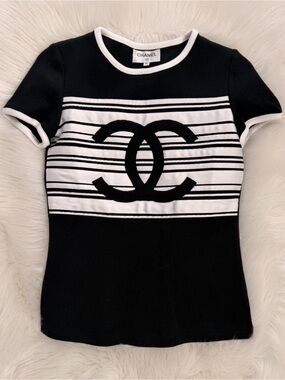 CHANEL Black and White Logo Trim Knit Top